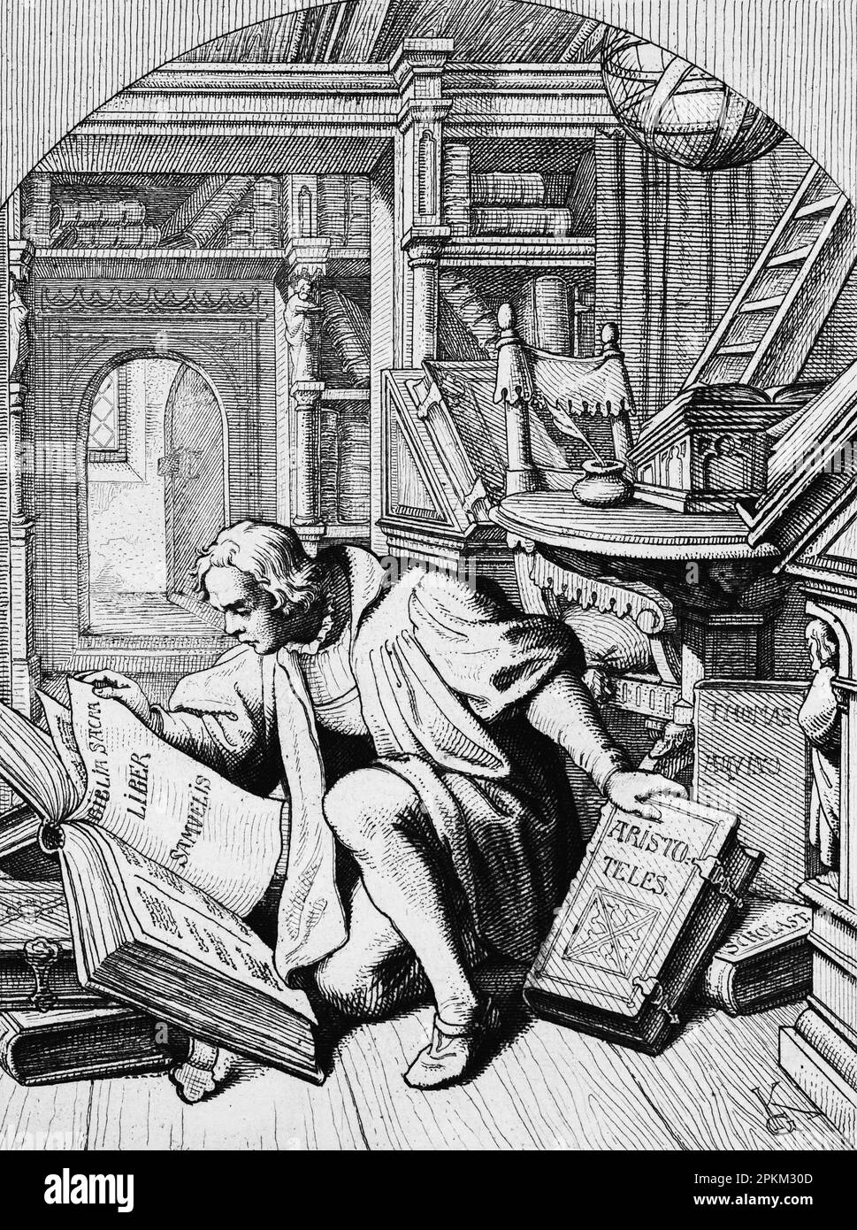 Martin Luther scoprendo una Bibbia latina presso la biblioteca universitaria di Erfurt nel 1501, illustrazione storica 1851 Foto Stock