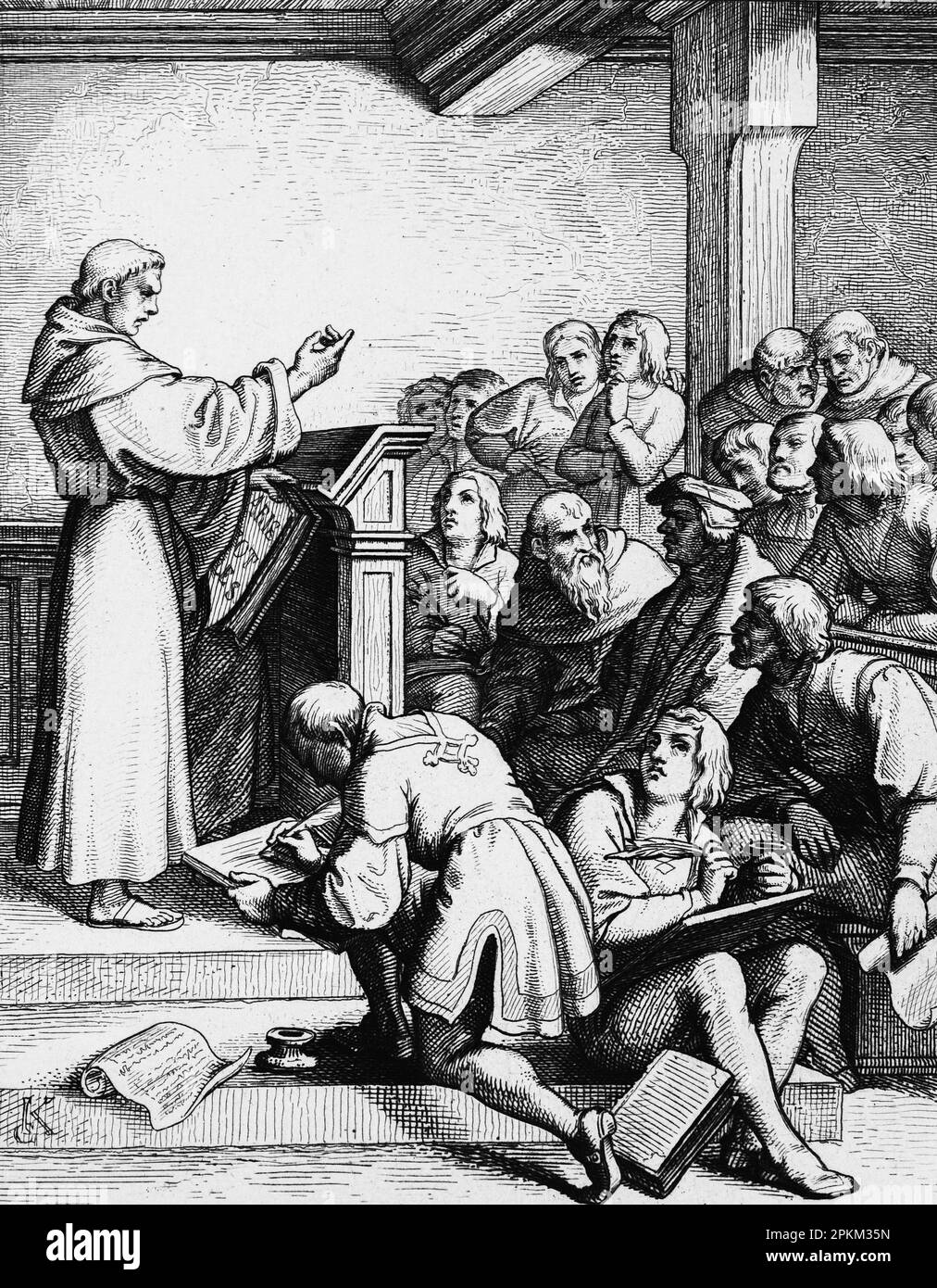 Martin Luther tiene conferenze filosofiche e teologiche all'Università di Wittenberg nel 1508, illustrazione storica 1851 Foto Stock