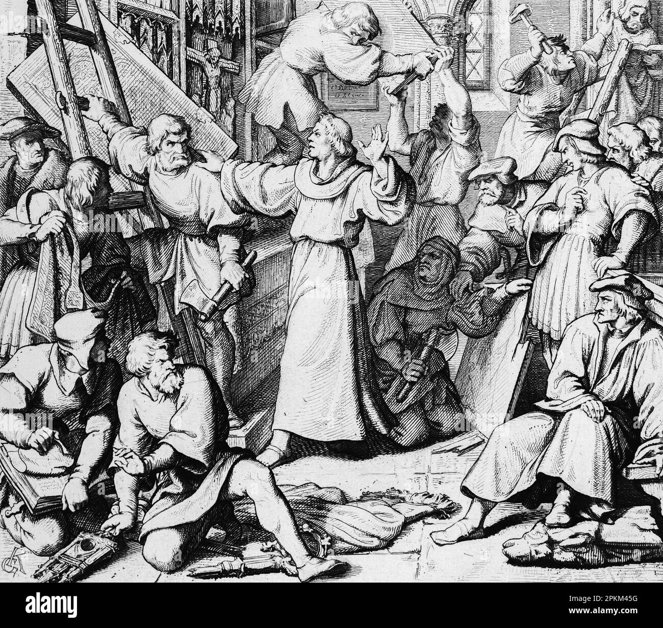 Martin Lutero e il primo iconoclasmo della riforma a Wittenberg 1522, illustrazione storica 1851 Foto Stock