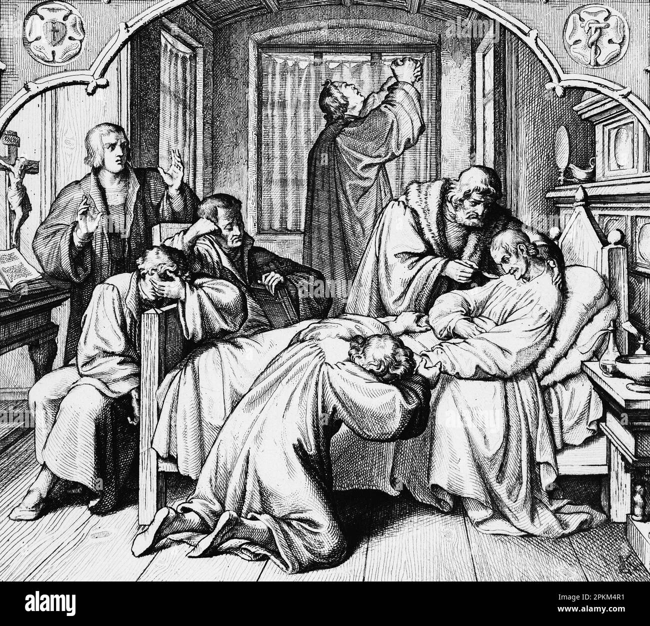 Martin Luther pagò al letto ammalato del suo amico Melanchton, , illustrazione storica 1851 Foto Stock