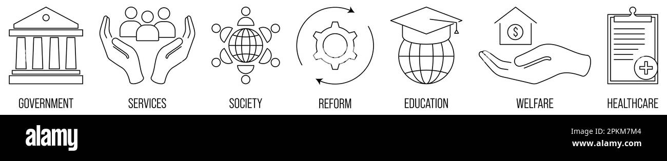 Icone Web di politica sociale. Governo, servizi, società, riforma, riforma, istruzione, benessere, assistenza sanitaria. Illustrazione vettoriale Illustrazione Vettoriale