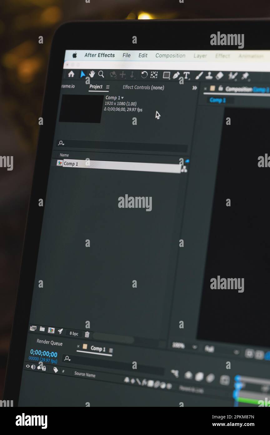 New york, USA - 7 aprile 2023: Modifica il progetto in adobe After Effects sullo schermo del computer Foto Stock