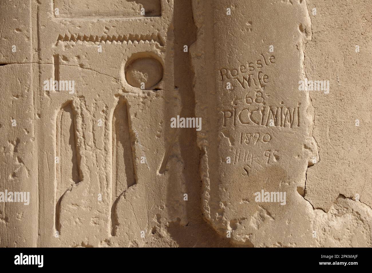 Graffiti nel Ramesseum, Tempio mortuario di Ramesses II sulla riva occidentale del Nilo a Luxor, Egitto Foto Stock