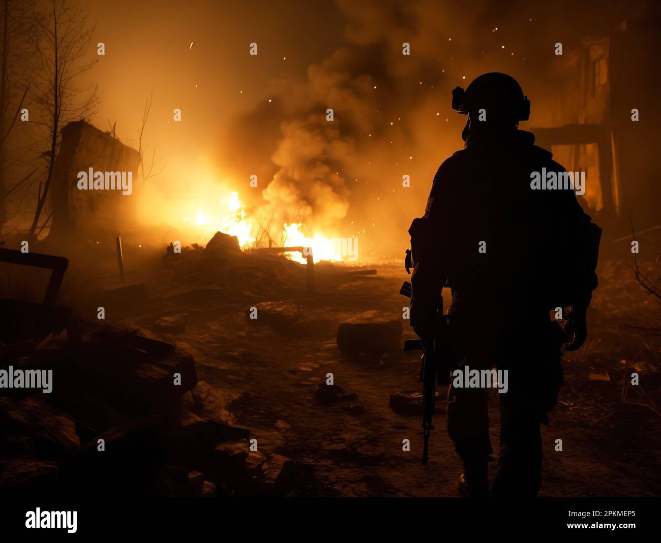 Una silhouette di moderno soldato universale sul campo di battaglia. Foto Stock