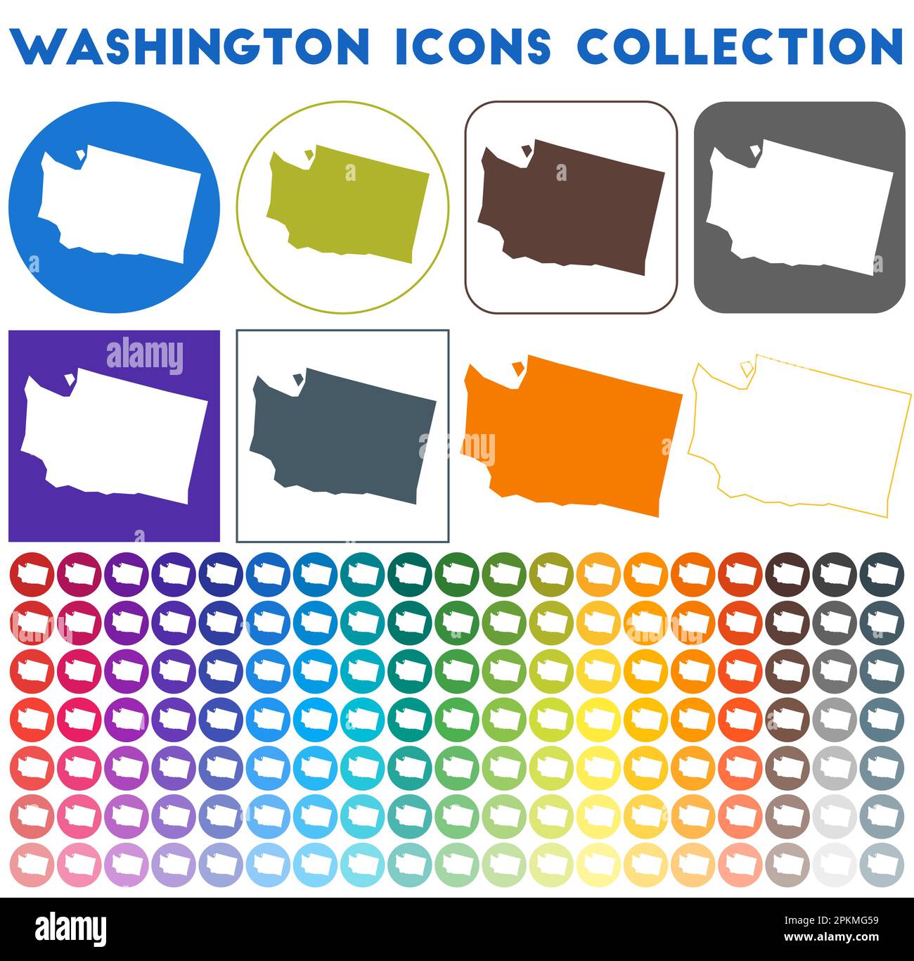Collezione di icone di Washington. Icone luminose colorate e alla moda. Distintivo di Washington moderno con la mappa dello stato degli Stati Uniti. Illustrazione vettoriale. Illustrazione Vettoriale