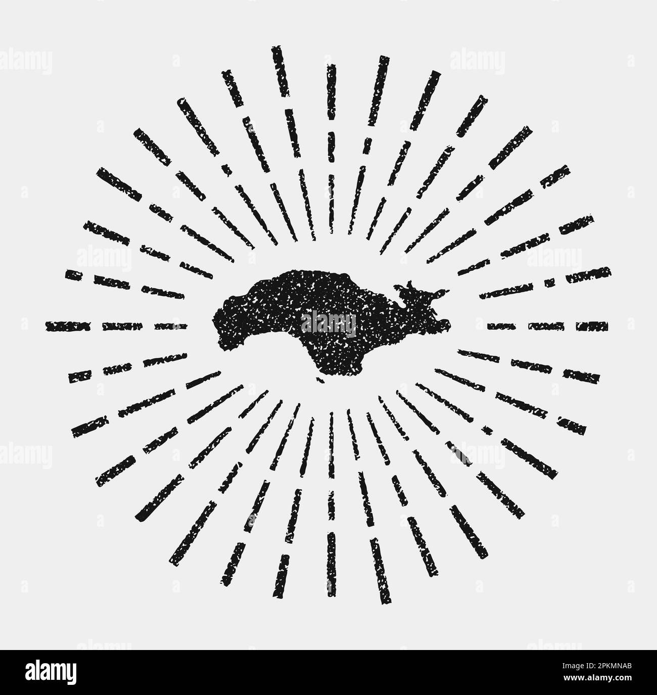 Carta vintage di Samo. Il sole grunge scoppiò intorno all'isola. Forma di Samos nero con raggi solari su sfondo bianco. Illustrazione vettoriale. Illustrazione Vettoriale