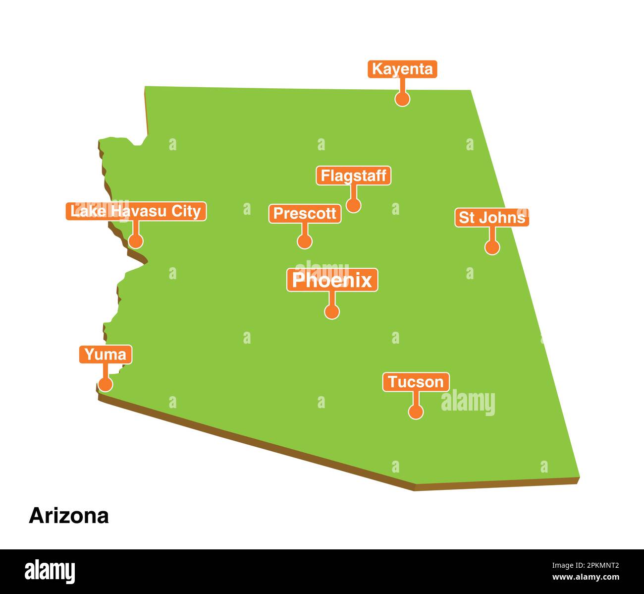 3D vettore illustrato colorato mappa turistica dello stato dell'Arizona con le città Illustrazione Vettoriale