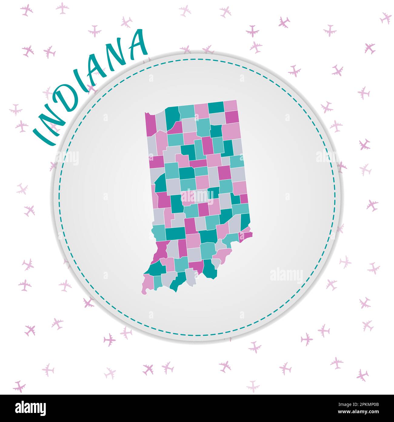 Design della mappa dell'Indiana. Mappa dello stato degli Stati Uniti con regioni nella tavolozza dei colori smeraldo-ametista. Illustrazione Vettoriale