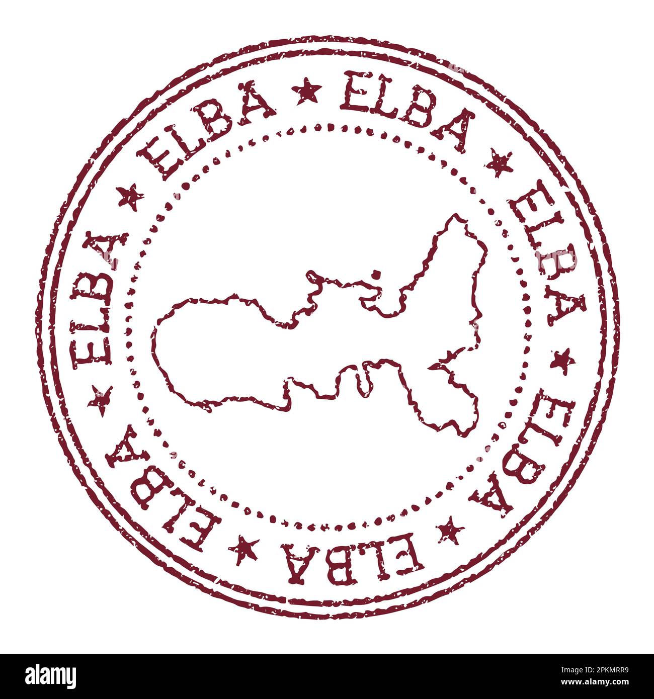 Impronta di gomma rotonda dell'Elba con mappa dell'isola. Timbro passaporto rosso vintage con testo circolare e stelle, illustrazione vettoriale. Illustrazione Vettoriale