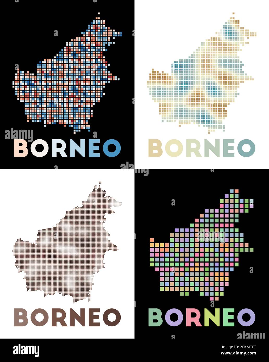 Mappa Borneo. Collezione di mappe del Borneo in stile punteggiato. Bordi dell'isola riempiti di rettangoli per il vostro disegno. Illustrazione vettoriale. Illustrazione Vettoriale