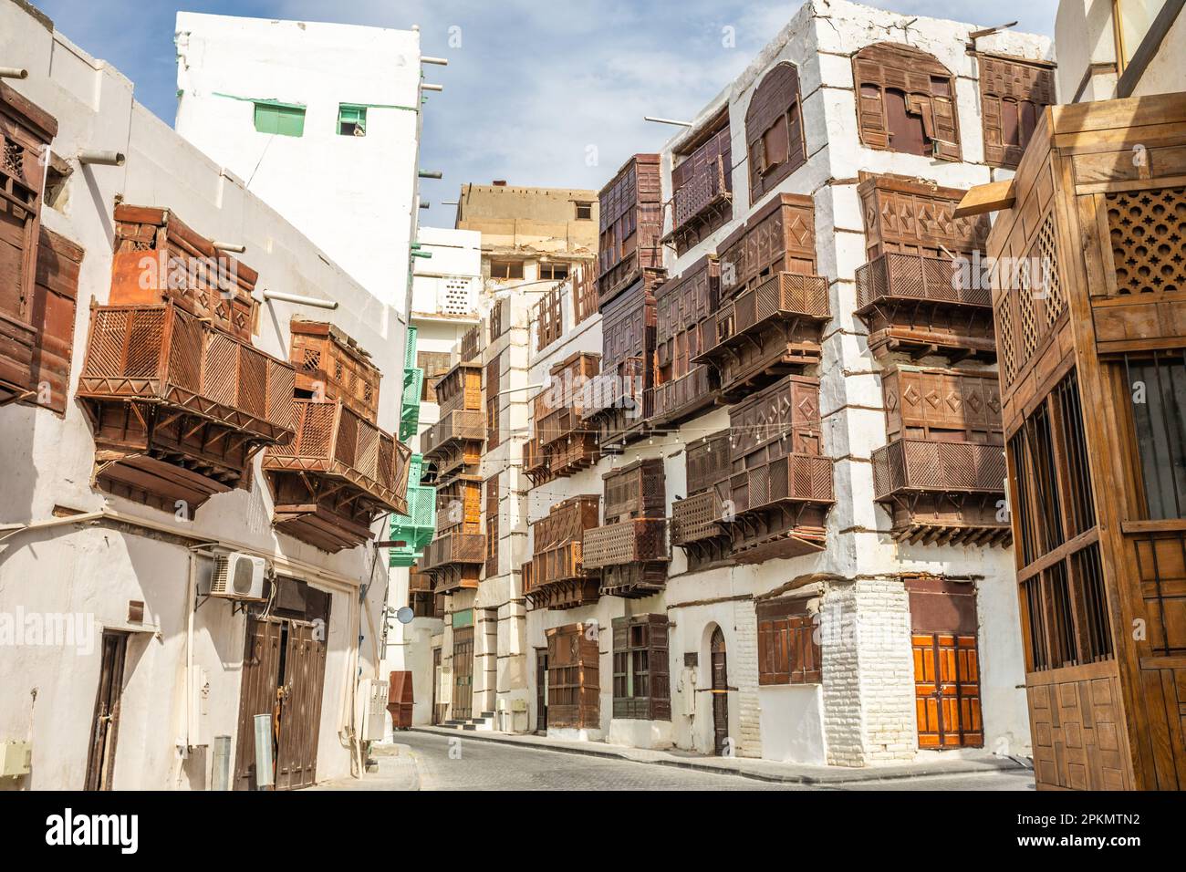 Al-Balad vecchia città con case musulmane tradizionali con finestre in legno e balconi, Jeddah, Saudita Arabia8 Foto Stock