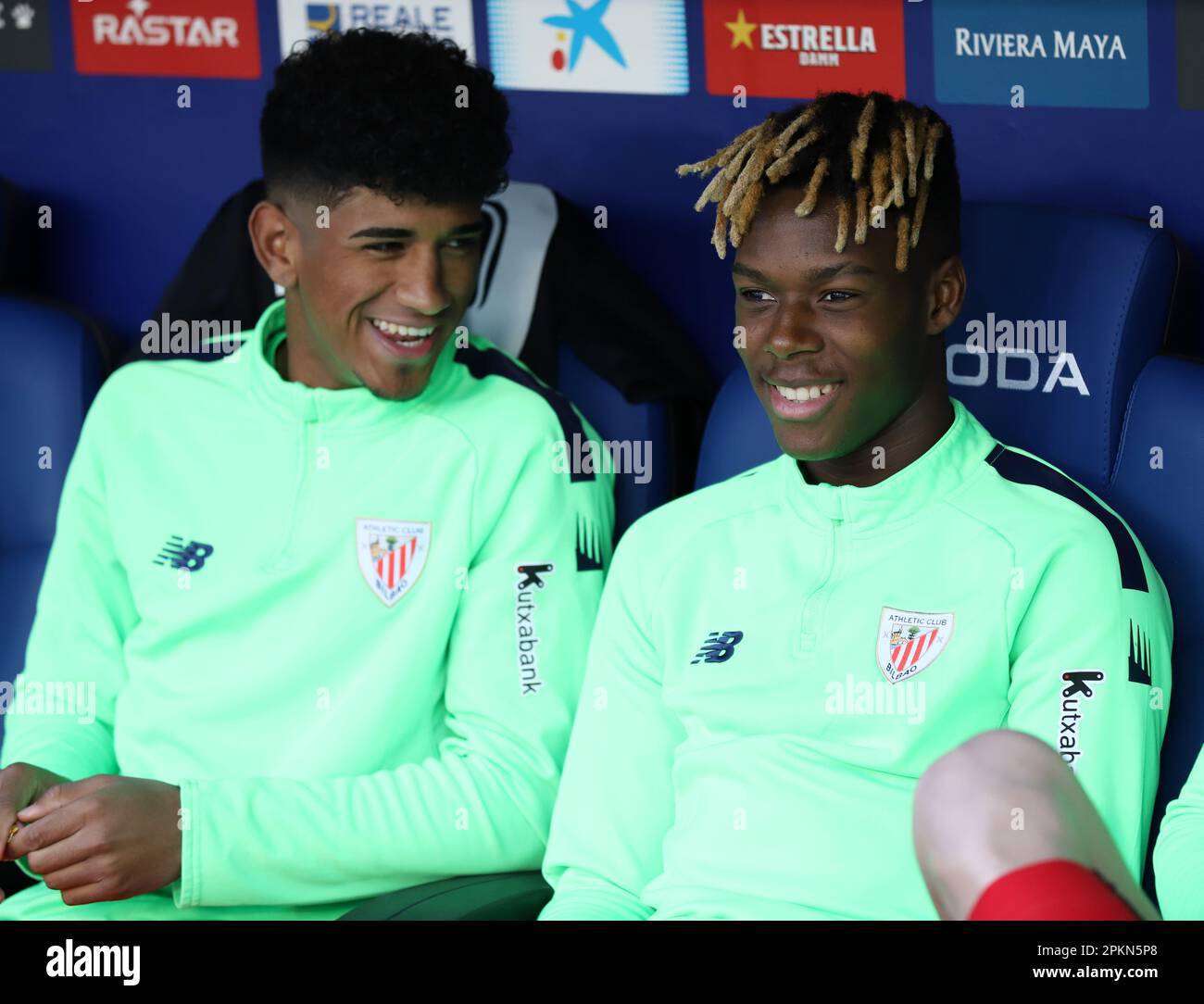 Sabadell, Barcellona, Spagna. 8th Apr, 2023. Barcellona Spagna 08.04.2023 Nico Williams (Athletic Club) e Adu Ares (Athletic Club) gesto durante la Liga Santander tra Espanyol e Athletic Club allo stadio RCDE il 08 aprile 2023 a Barcellona. (Credit Image: © Xavi Urgeles/ZUMA Press Wire) SOLO PER USO EDITORIALE! Non per USO commerciale! Credit: ZUMA Press, Inc./Alamy Live News Foto Stock