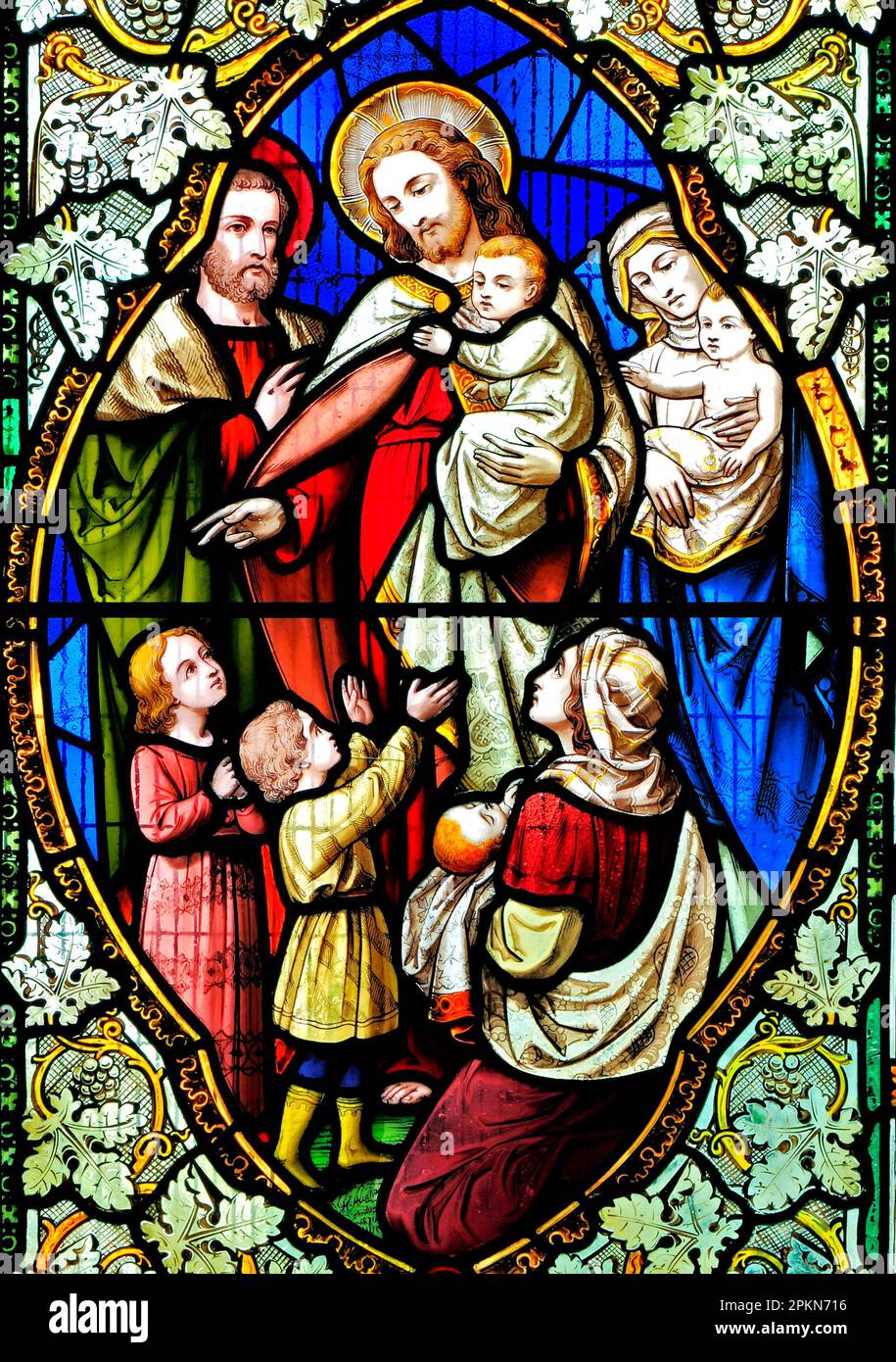 Soffrire i bambini piccoli, benedizione da Gesù, vetrata di Ward & Hughes, 1869, Stanhoe, Norfolk, Inghilterra, REGNO UNITO Foto Stock