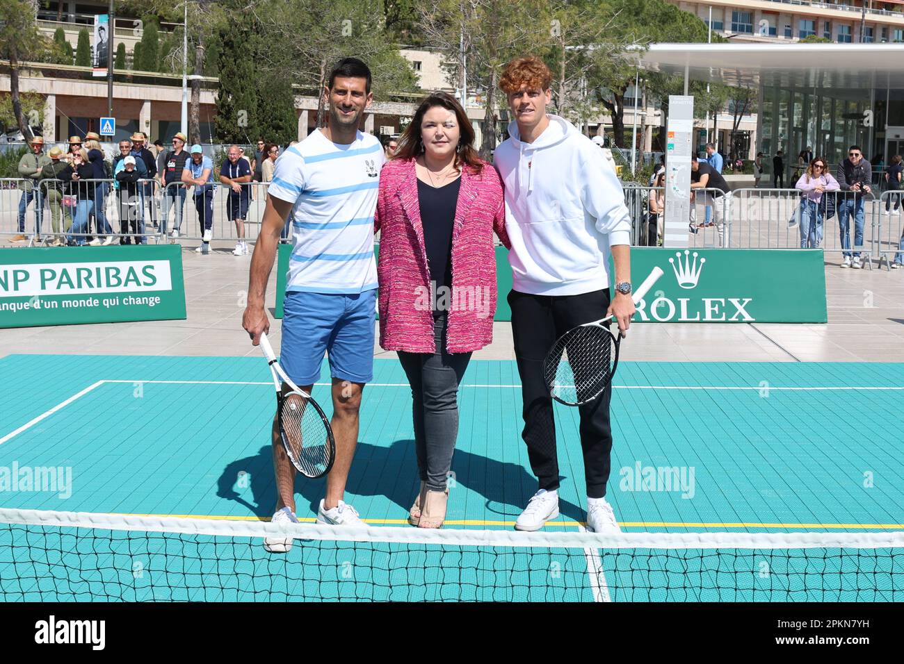 Monaco, Monaco. 09th Apr, 2023. MONACO, Monte Carlo - 08 APRILE: Novak Djokovic con Jannik Sinner, e Melanie Antoinette de Massy (C), manifestazione prima del Torneo al Grimaldi Forum di Monaco, sabato 08 2023 aprile a MONACO il 8. Aprile 2023, (Foto e copyright @ ATP images/Thierry CARPICO (CARPICO Thierry/ATP/SPP) Credit: SPP Sport Press Photo. /Alamy Live News Foto Stock