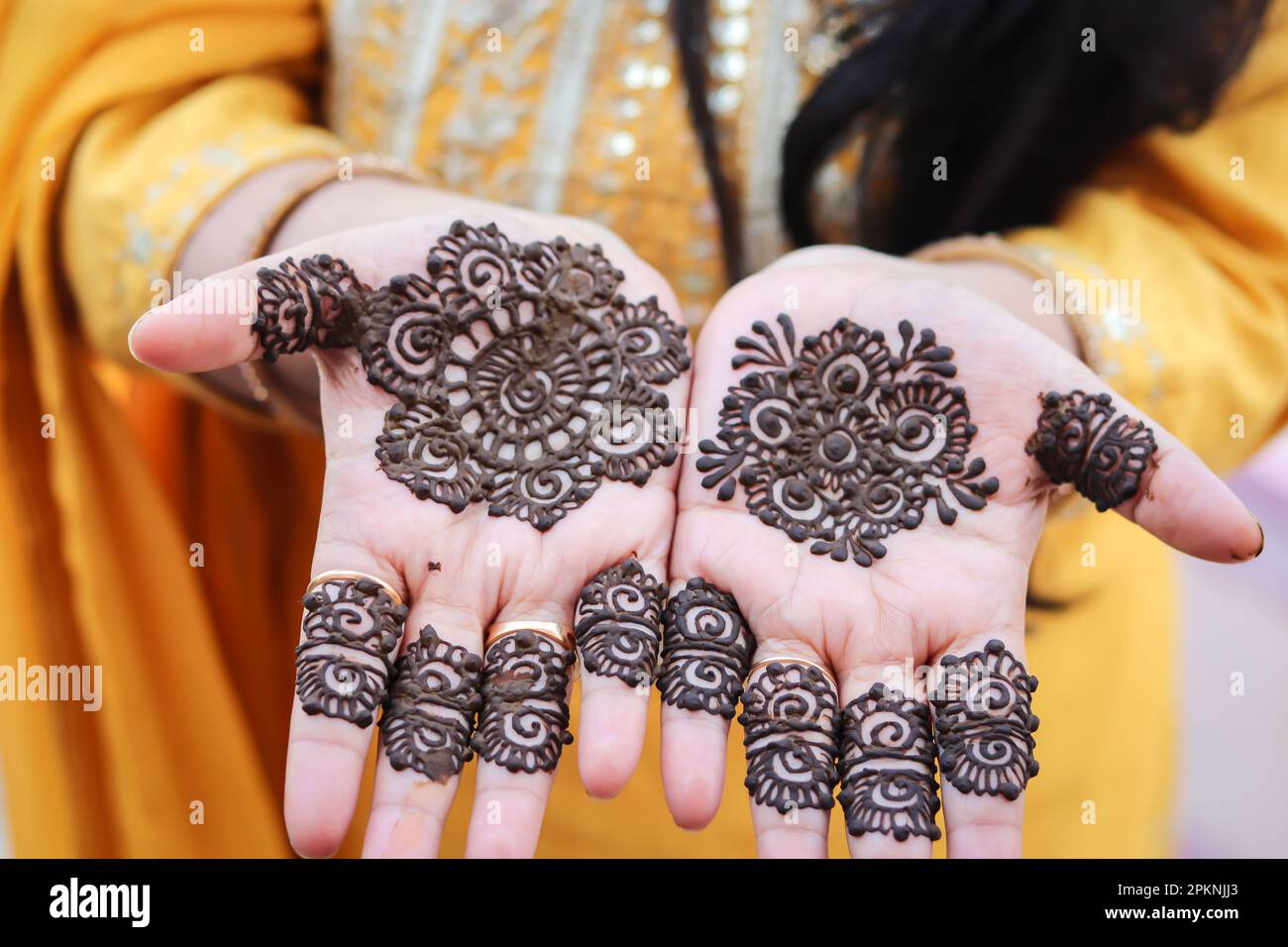 decorato a mano con un fantastico tatuaggio all'henné o con un'arte di mehndi dall'angolo piatto Foto Stock