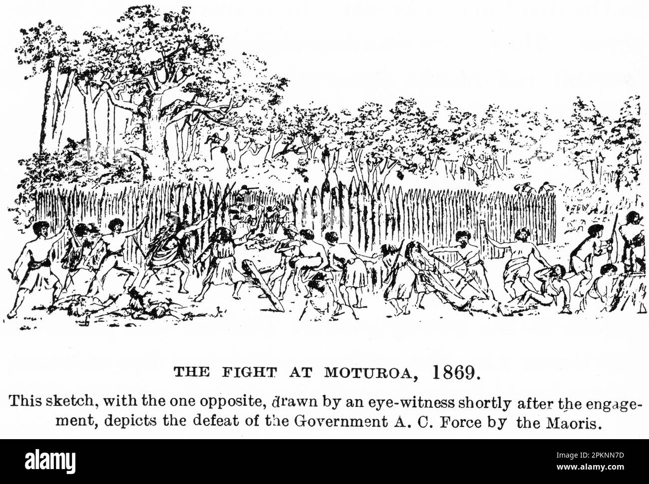La lotta a Moturoa, nel 1869, durante le guerre terrestri Taranaki della Nuova Zelanda, quando i Maoris sconfissero le forze governative. Uno dei due schizzi. Foto Stock