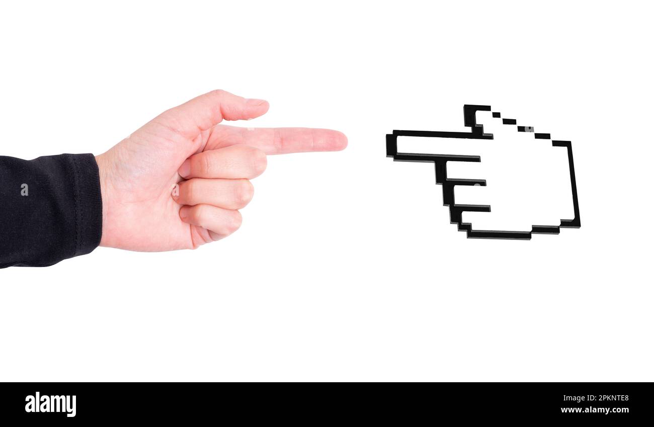 Un dito che punta gesturing e un puntatore del mouse del computer a forma di mano, entrambi isolati su uno sfondo bianco pulito. Foto Stock