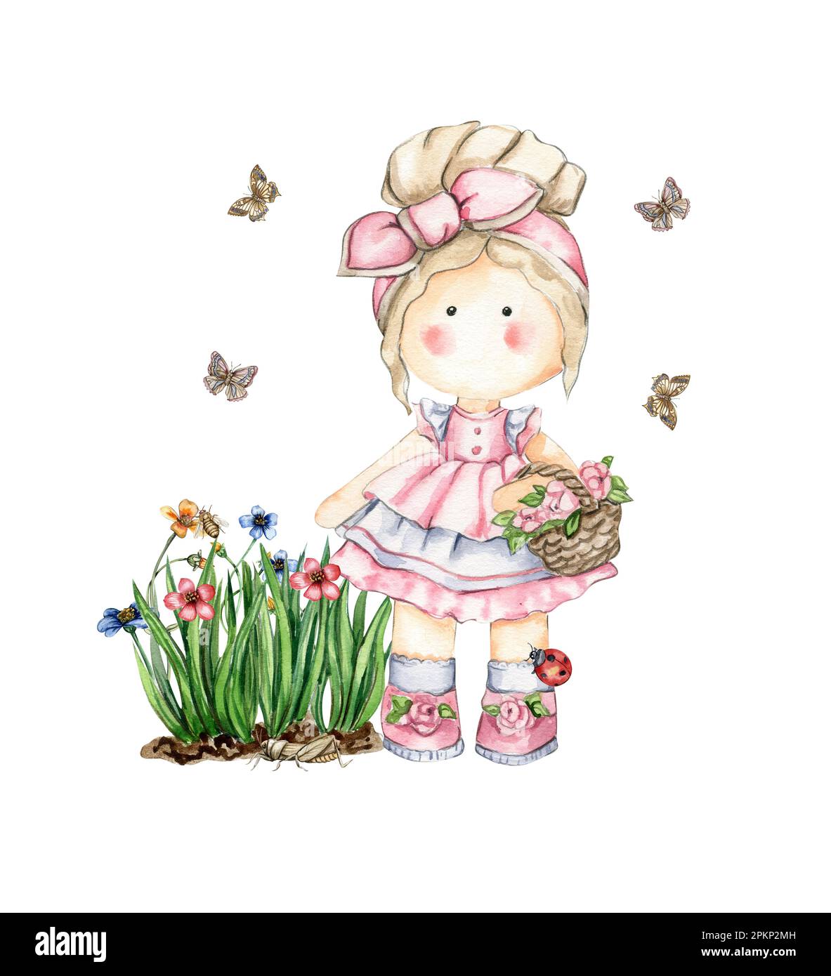 Composizione di fiori primaverili con una bambola carina Tilda, illustrazione di acquerello per le carte, sfondi, scrapbooking.Cartoon mano disegnato sfondo Foto Stock