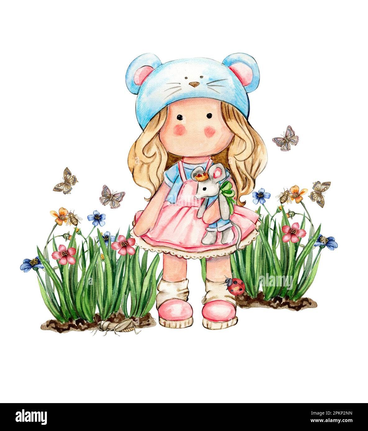 Composizione di fiori primaverili con una bambola carina Tilda, illustrazione di acquerello per le carte, sfondi, scrapbooking.Cartoon mano disegnato sfondo Foto Stock