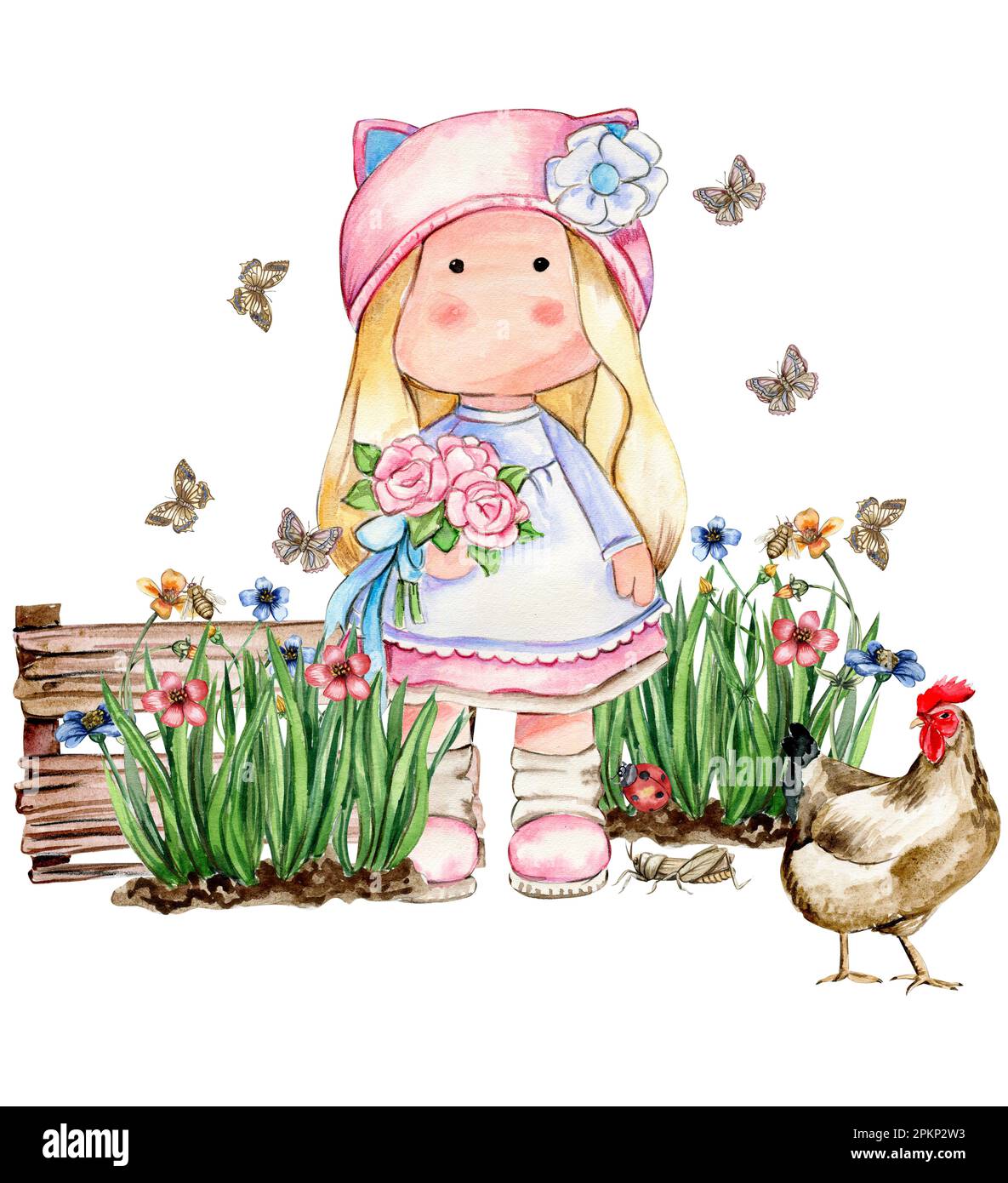 Composizione di fiori primaverili con una bambola carina Tilda, illustrazione di acquerello per le carte, sfondi, scrapbooking.Cartoon mano disegnato sfondo Foto Stock