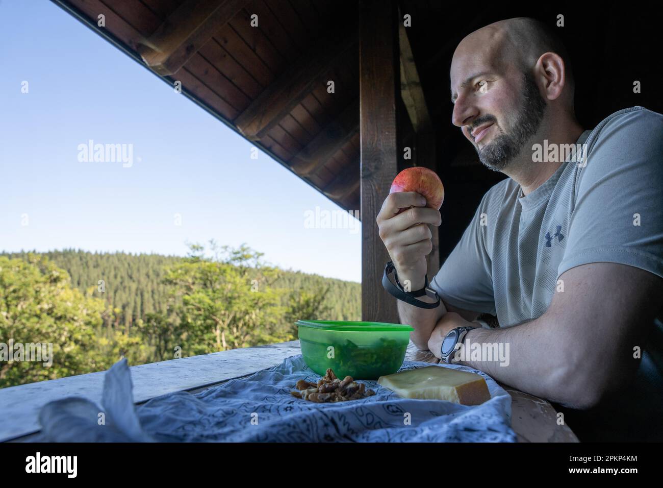 Uomo che mangia mela e guarda la foresta, Fautsburg, Bad Wildbad, Foresta Nera, Germania, Europa Foto Stock