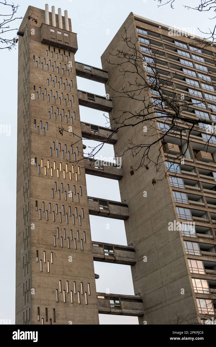 Balfron Tower edificio residenziale a 26 piani in Poplar, Tower Hamlets, East London. Costruito in stile brutalista, progettato dall'architetto Erno Goldfinger. Foto Stock