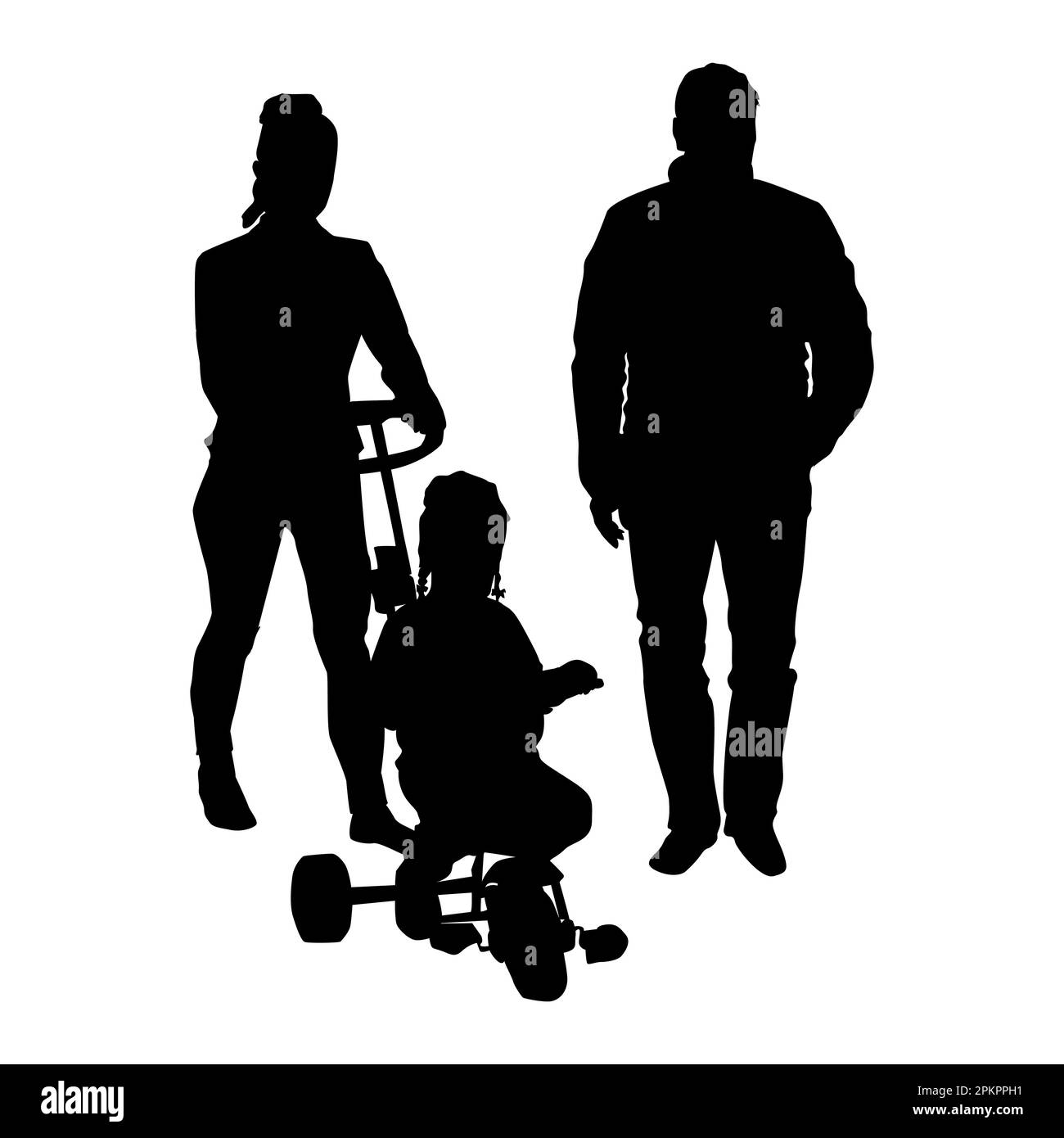 Famiglia silhouette isolato su sfondo bianco.due genitori e bambino su carriage.Mother e padre cammina con il bambino e stroller.Vector illustrazione Illustrazione Vettoriale