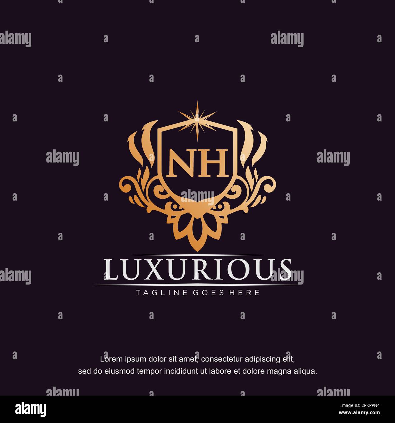 Lettera iniziale NH decoramento oro monogramma logo vettore modello. Illustrazione Vettoriale
