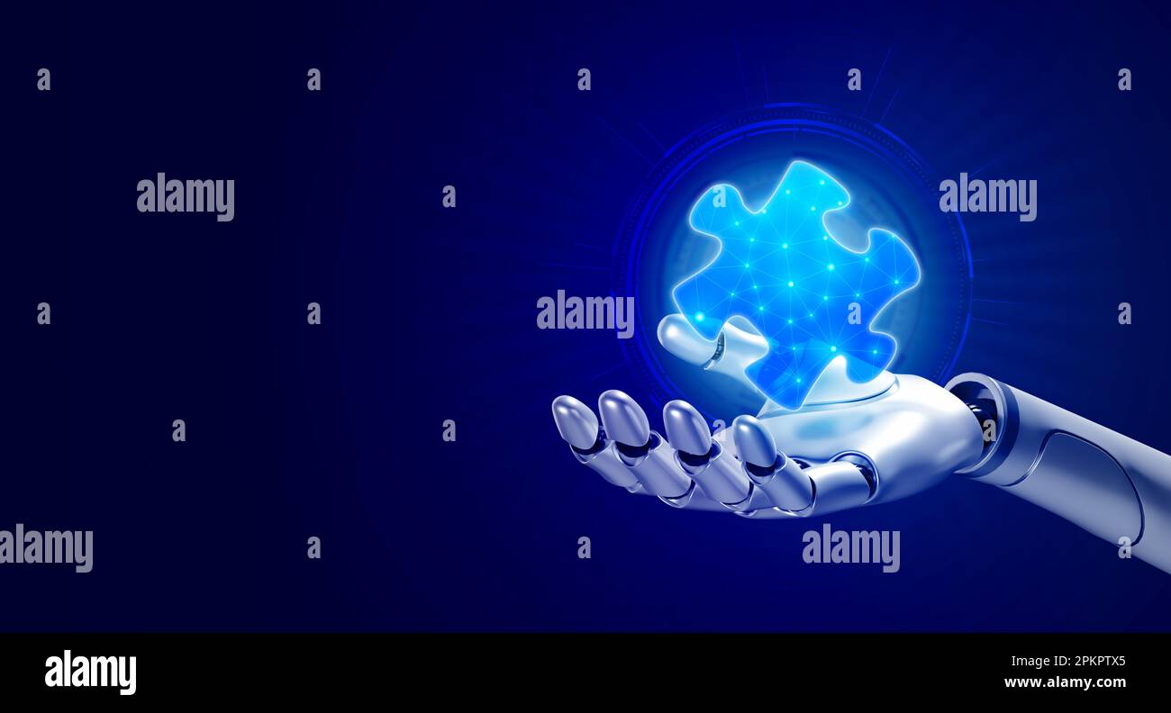 3d robot di rendering mano tenere puzzle digitale pezzo su sfondo blu cyber rete con spazio. Trasformazione digitale, intelligenza artificiale, intelligenza artificiale Foto Stock