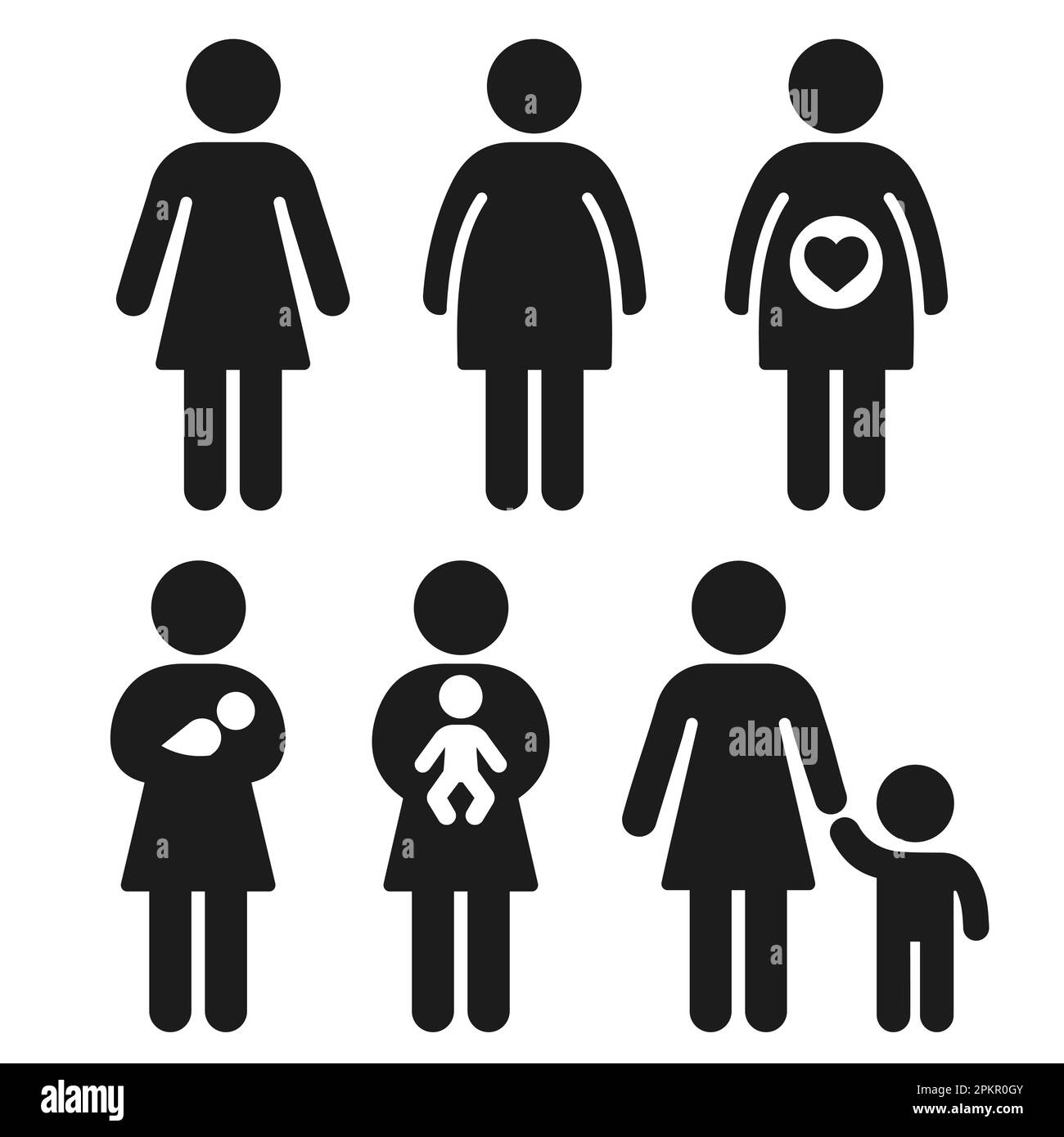 Set di icone fasi di gravidanza, parto e maternità. Semplice figura del bastone della donna con il bambino ed il toddler. Simboli vettoriali madre e figlio. Illustrazione Vettoriale