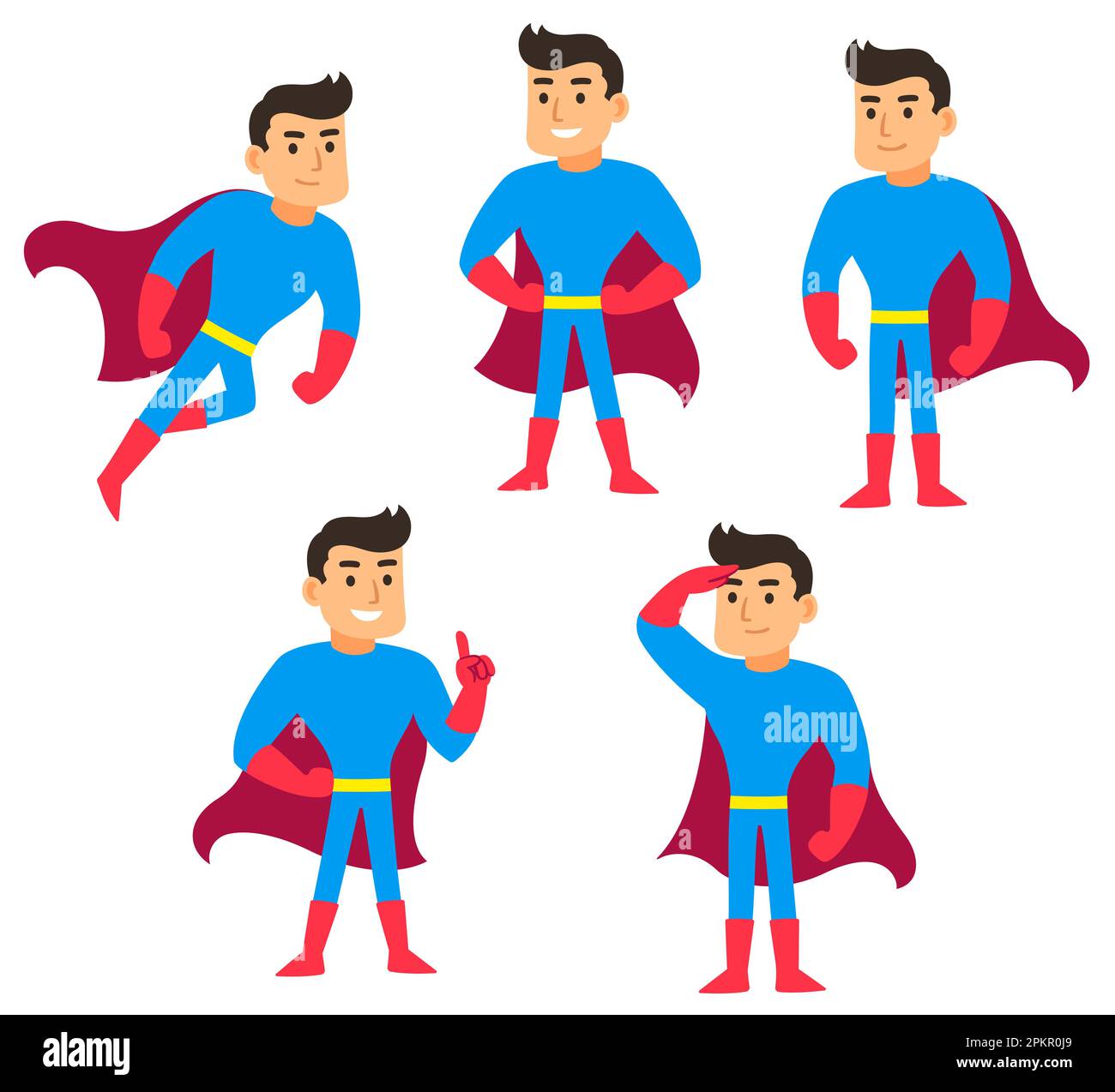 Set di supereroi cartoni animati, uomo in costume blu e rosso con mantello in diverse posizioni. Carino fumetto eroe personaggio vettore illustrazione. Illustrazione Vettoriale