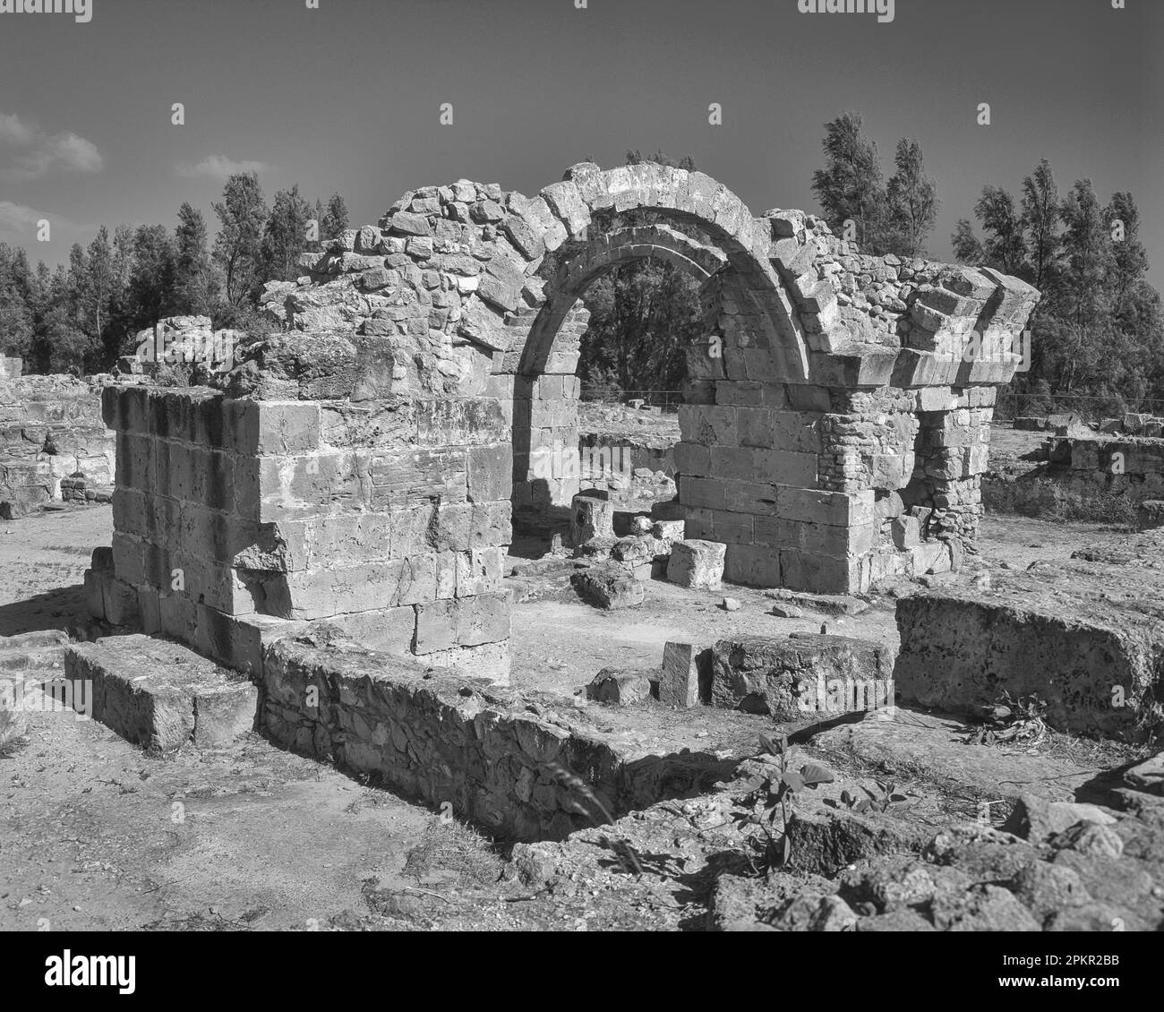 Le rovine della fortezza medievale Sarata Kolones all'interno del Parco archeologico di Paphos noto come il castello di quaranta colonne Foto Stock