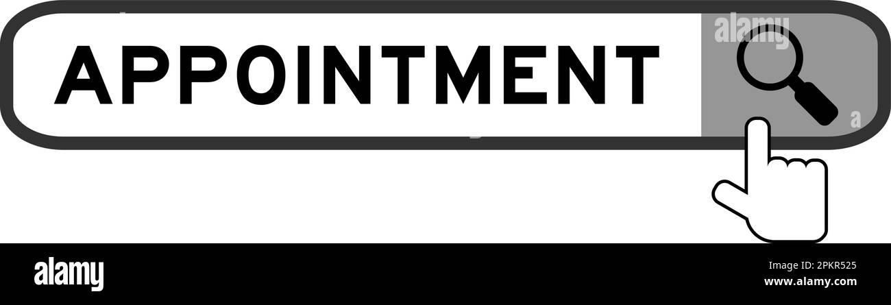 Cerca banner in parola appuntamento con l'icona della lente di ingrandimento mano su sfondo bianco Illustrazione Vettoriale