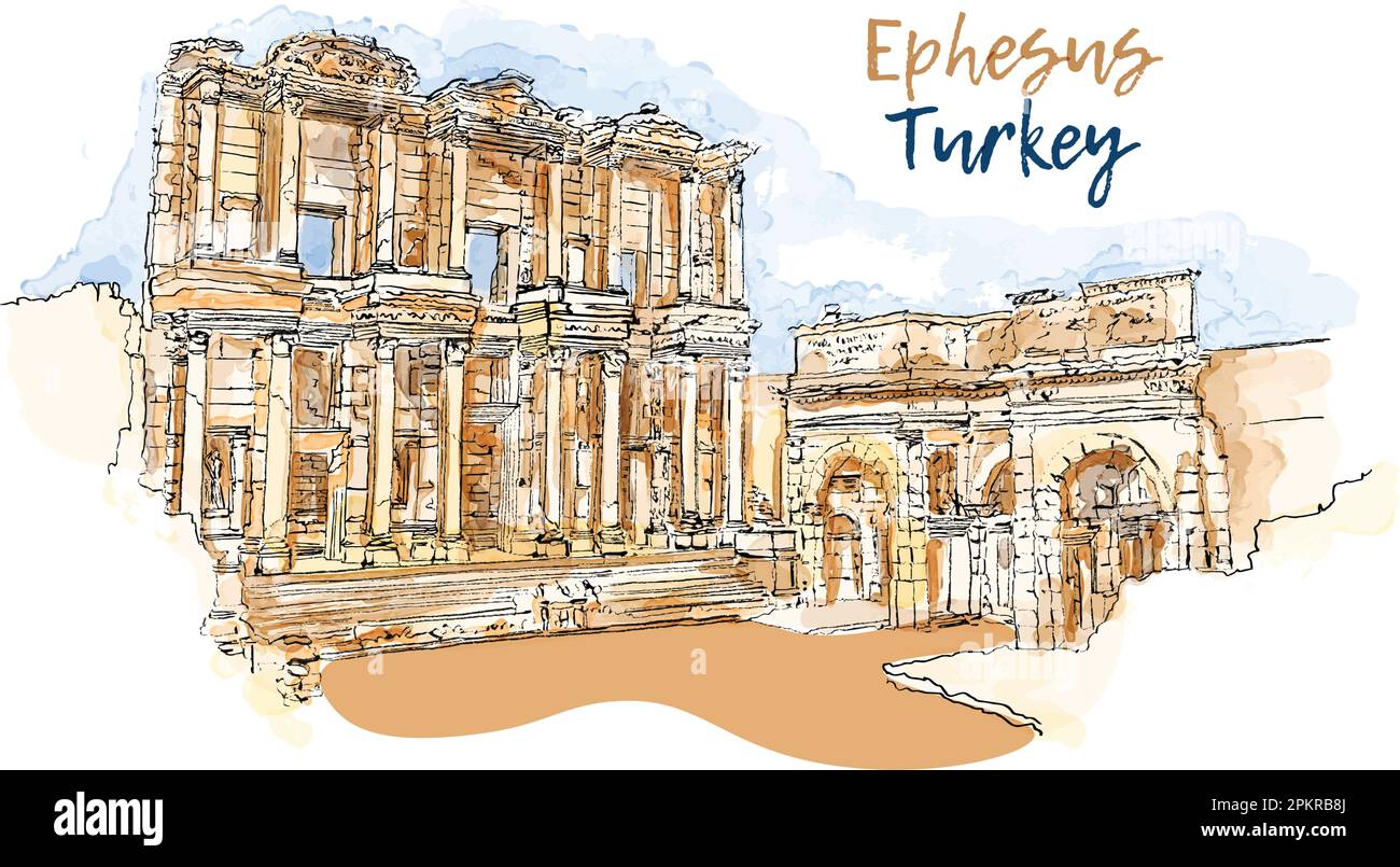 Efeso, Smirne, Turchia. La Biblioteca di Celso. Paesaggio astratto dei punti di riferimento turchi sul Mar Egeo. Disegno a mano vettore acquarello illustrazione Illustrazione Vettoriale