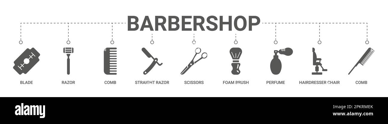 Attrezzi per barbiere. Barbiere salone di bellezza maschile. Icone di taglio dei capelli. Accessori per capelli. Bottiglia di shampoo. Sedia per parrucchieri. Forbici e rasoio da barba. Acconciatura alla moda. Spazzola in schiuma. Simboli di illustrazione vettoriale Illustrazione Vettoriale