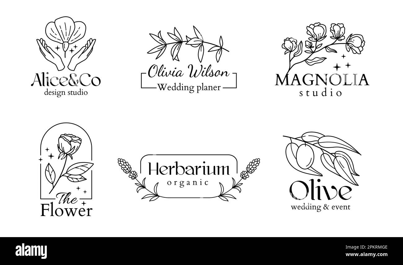 Logo bohémien botanico, matrimonio chic. Linea foglia di bellezza per caffè, fotografia e studio di design, alfabeto floreale monogramma. Set di modelli di logotipo semplice. Illustrazione vettoriale cornici isolate botaniche Illustrazione Vettoriale