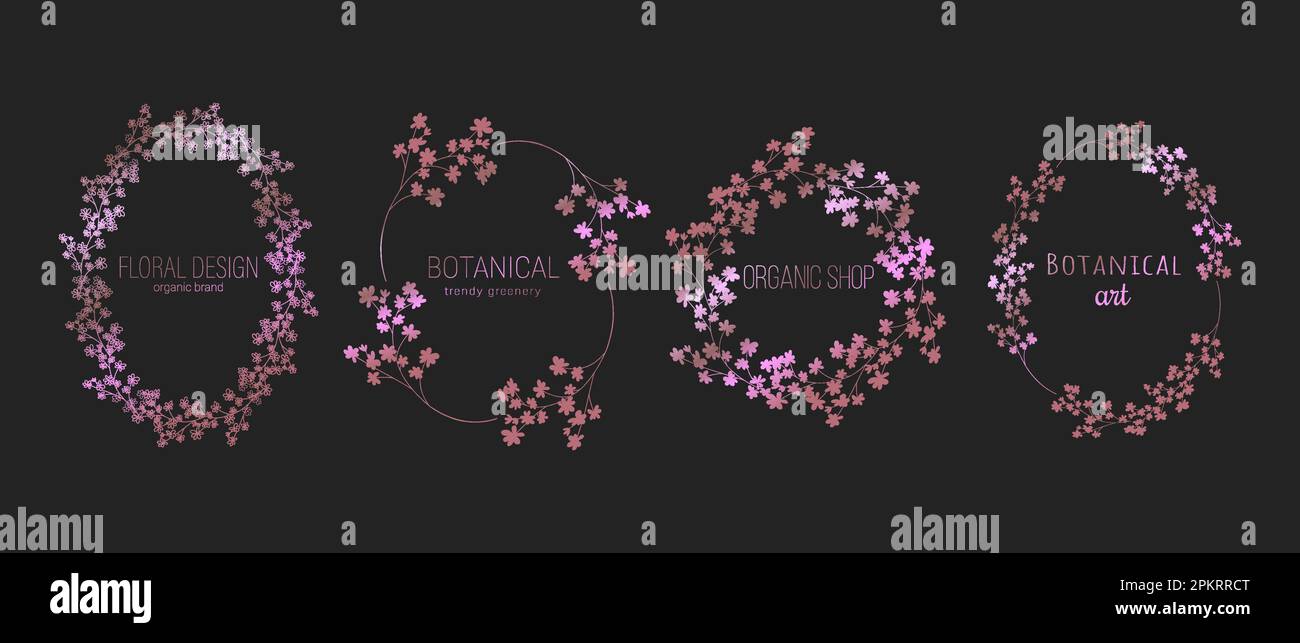 Elegante set in oro rosa con rametto floreale, fiori e logo floreali femminili. Botanico rustico vettore di tendenza verde Illustrazione Vettoriale