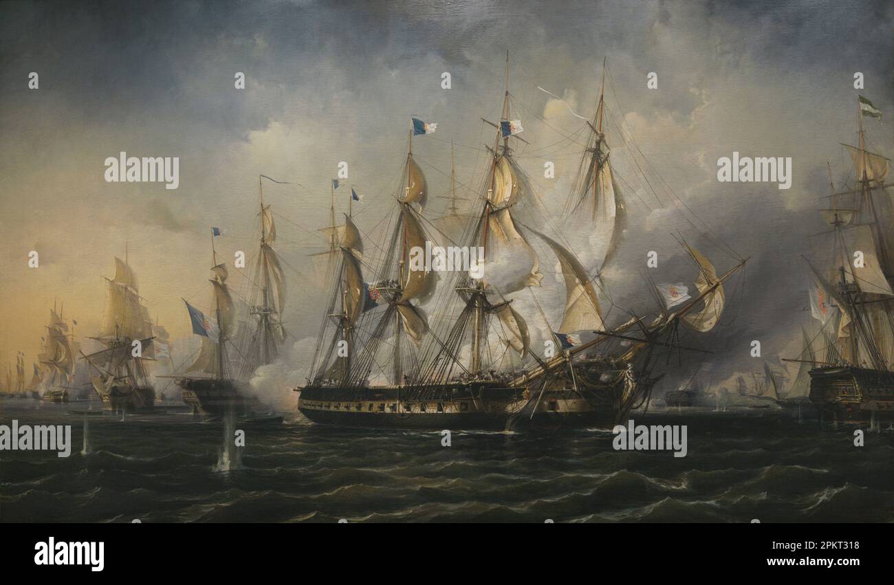 Guerra civile portoghese (1828-1834). Battaglia navale di Capo San Vincenzo. Confronto tra le flotte liberiste e assolutiste il 5 luglio 1833. Dipinto di Antoine Léon Morel-Fatio, 1842. Museo Marittimo. Lisbona, Portogallo. Autore: Antoine Léon Morel-Fatio (1810-1871). Pittore francese. Foto Stock