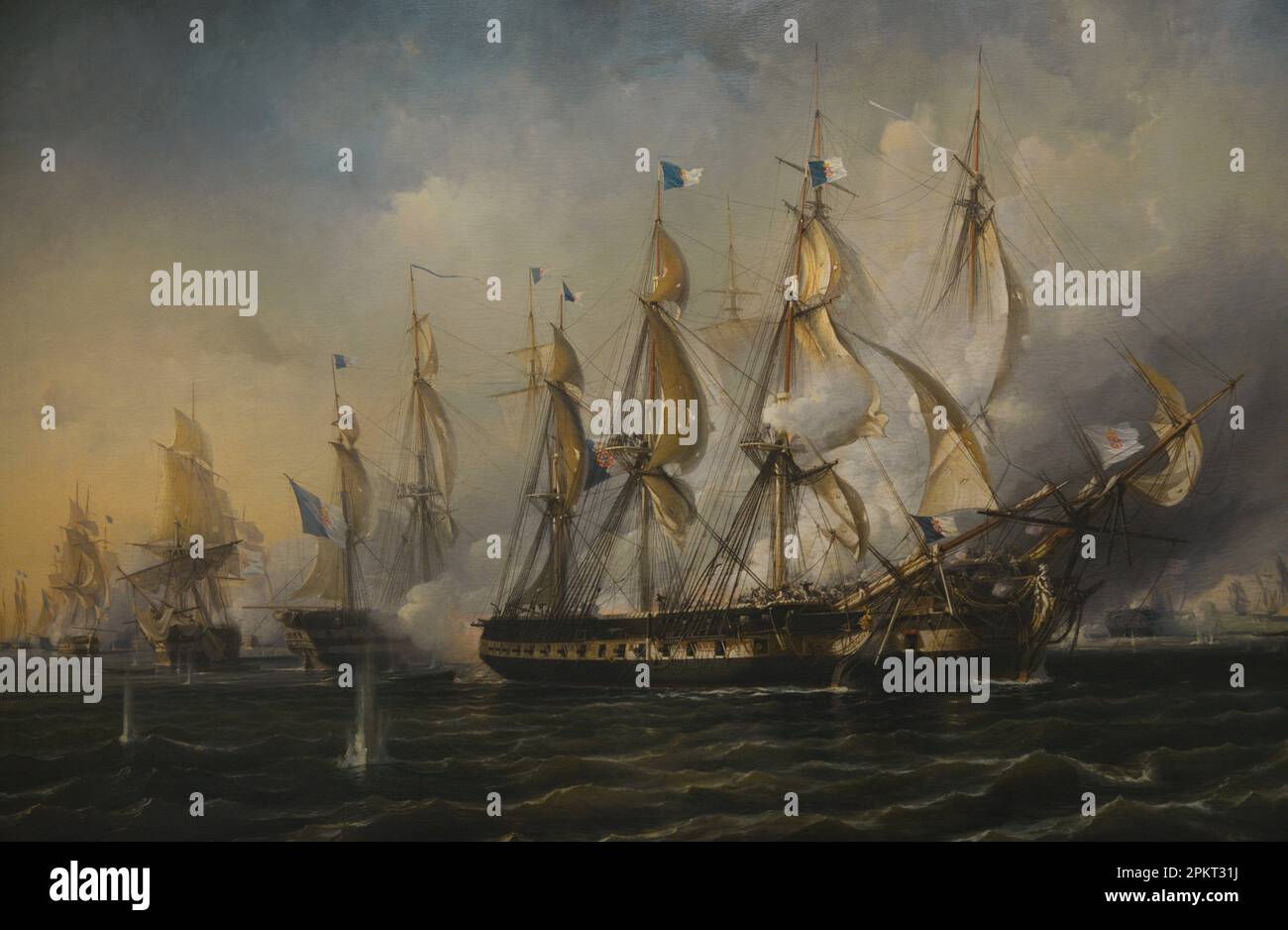 Guerra civile portoghese (1828-1834). Battaglia navale di Capo San Vincenzo. Confronto tra le flotte liberiste e assolutiste il 5 luglio 1833. Dipinto di Antoine Léon Morel-Fatio, 1842. Detalle. Museo Marittimo. Lisbona, Portogallo. Autore: Antoine Léon Morel-Fatio (1810-1871). Pittore francese. Foto Stock