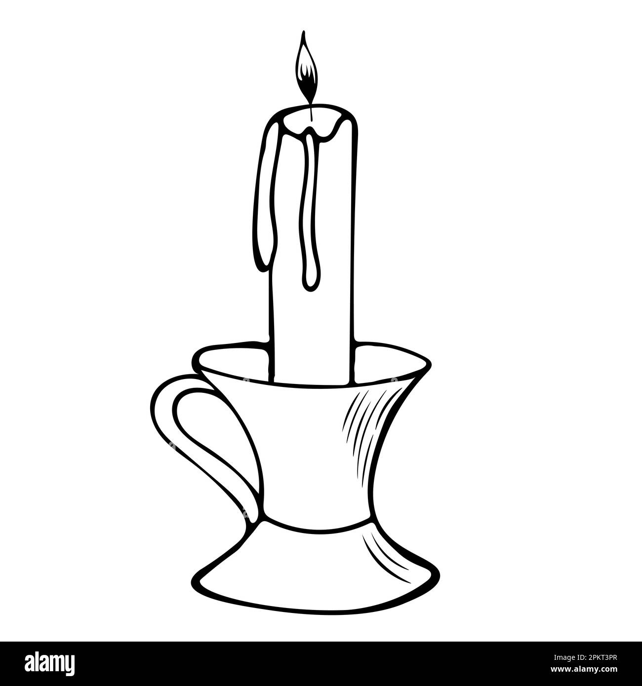 Illustrazione vettoriale di una candela che brucia disegnata a mano in un candelabro. Illustrazione Vettoriale