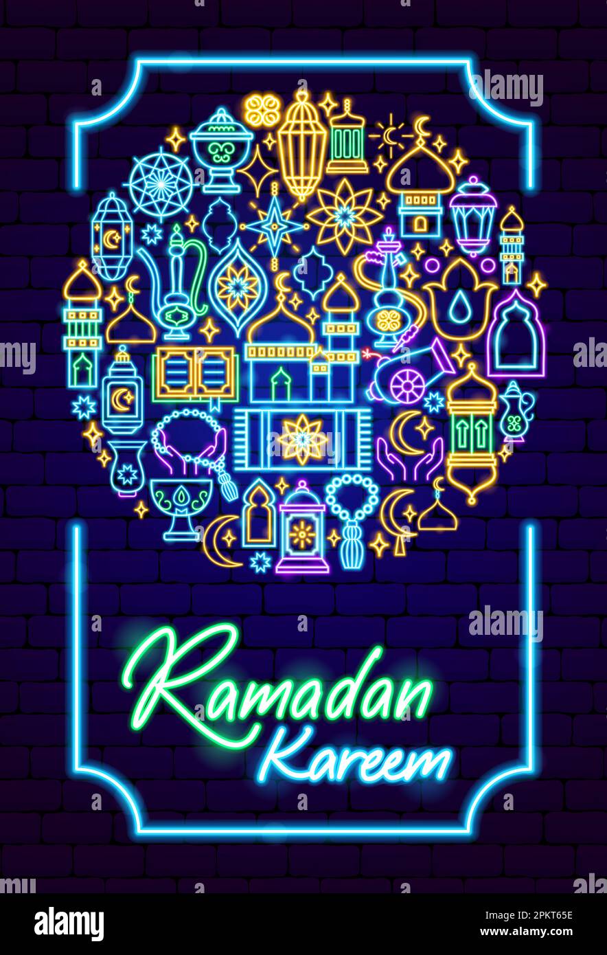 Poster Ramadan Kareem Holiday Neon Illustrazione Vettoriale