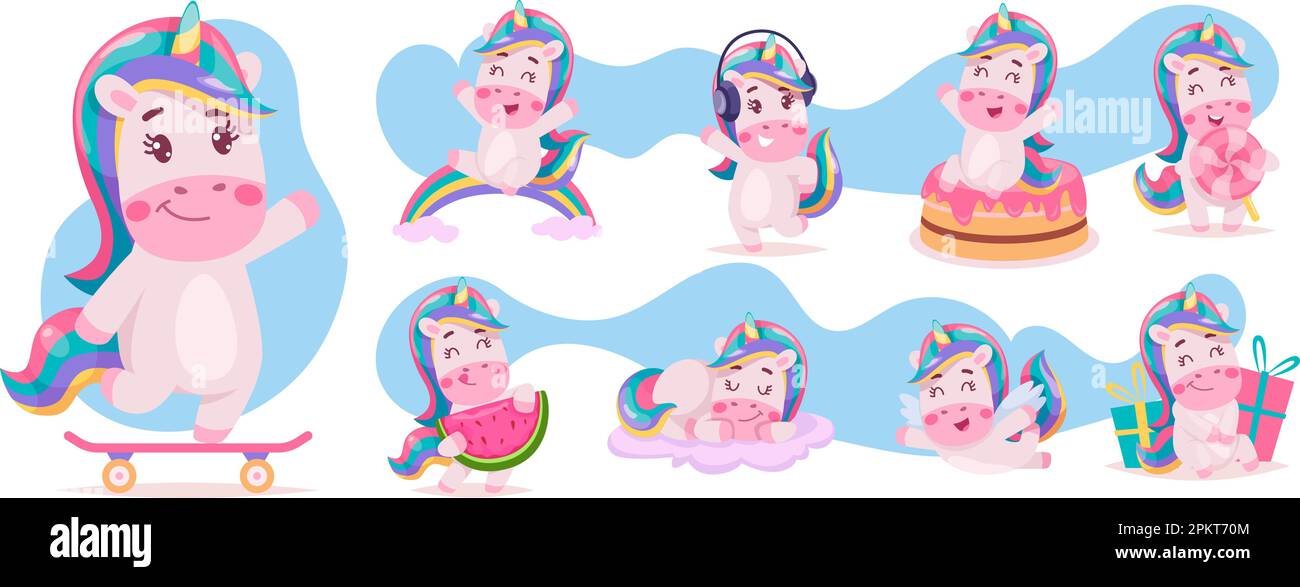 Unicorns cartone animato. Divertente cute fantasy animali in azione pone vettore esatto modelli set Illustrazione Vettoriale