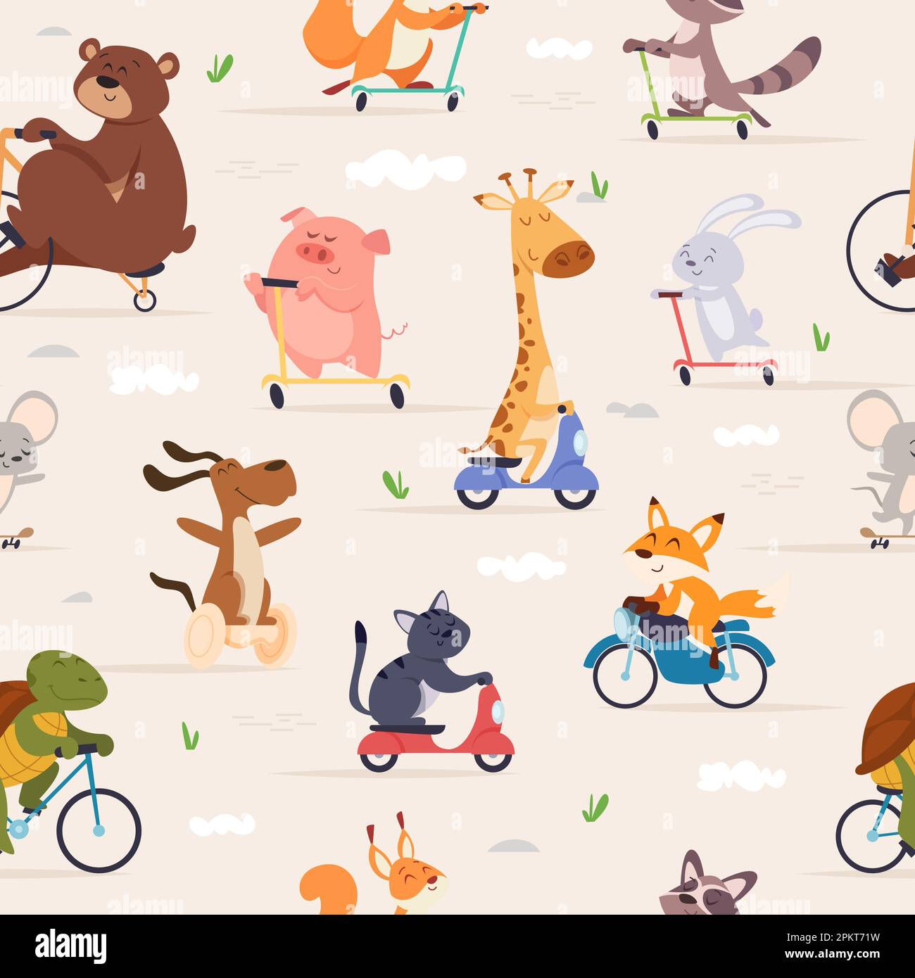 Animali Riders modello. Animali pattinare su bici e scooter su strada vettore esatto sfondo senza cuciture Illustrazione Vettoriale