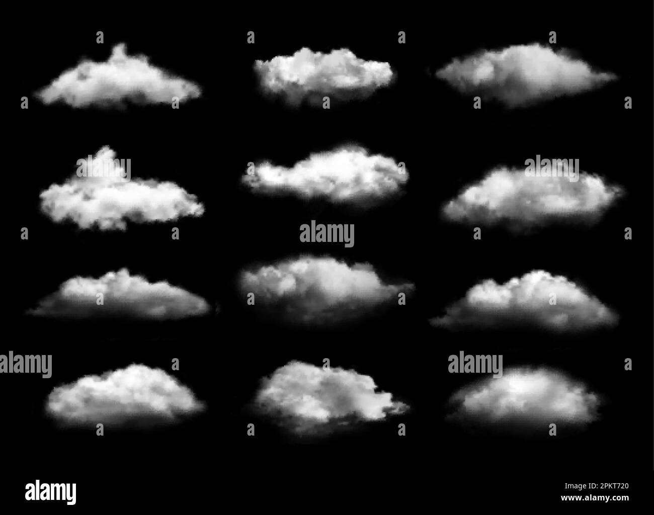 Nuvole trasparenti. Realistiche precipite di vapore isolate su sfondo nero, nebbiolina di notte simboli Illustrazione Vettoriale