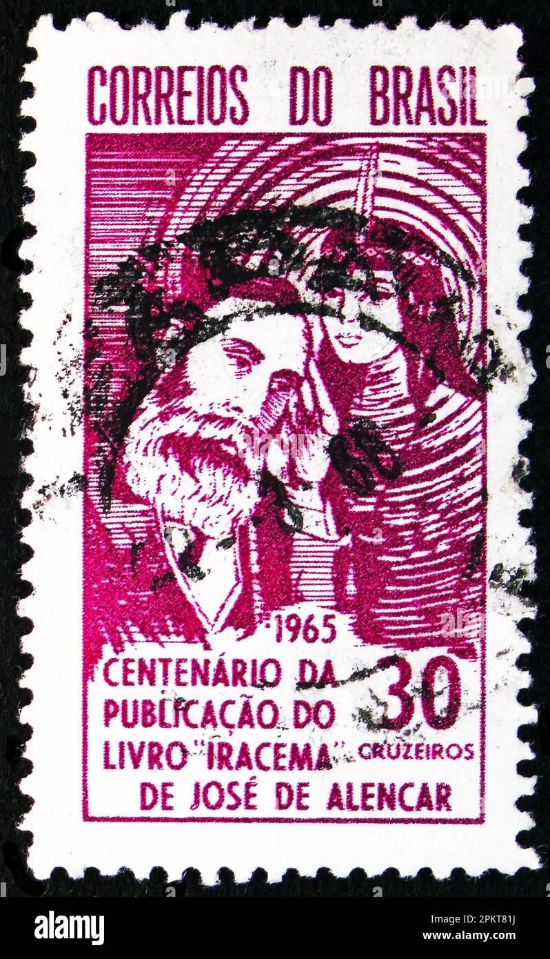 MOSCA, RUSSIA - 26 MARZO 2023: Francobollo stampato in Brasile mostra Pubblicazione del Libro Iracema - José de Alencar, circa 1965 Foto Stock