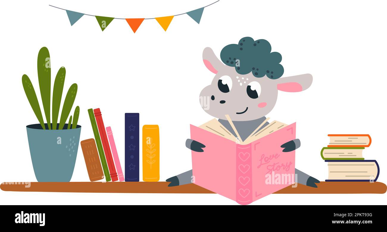 Leggere libri su scaffale. Carino libro di pecore tenere, divertente studente animale o lettore. Biblioteca o negozio, educazione decorativa, insegnamento vettore di classe Illustrazione Vettoriale