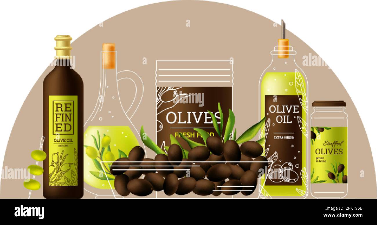 Olive nere verdi fresche. Olio e crudo in bottiglie, lattine e vasetti. Prodotti alimentari greci biologici naturali, ingredienti mediterranei vettoriali Illustrazione Vettoriale