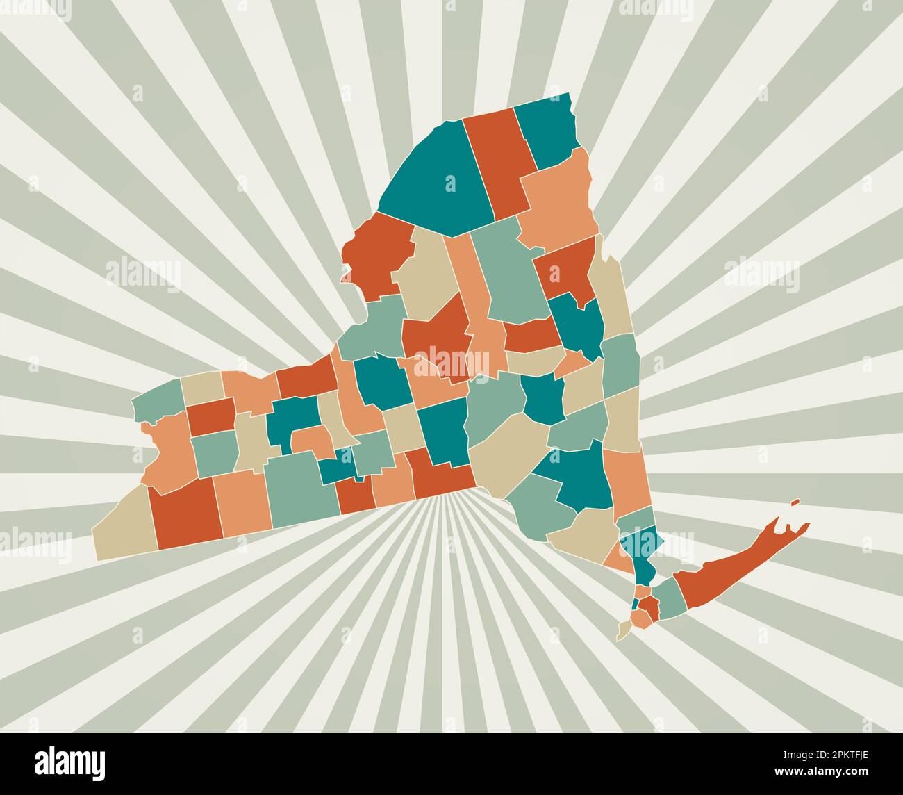 Mappa di New York. Poster con mappa dello stato degli Stati Uniti nella tavolozza dei colori retrò. Forma di New York con sfondo a raggi solari. Illustrazione vettoriale. Illustrazione Vettoriale
