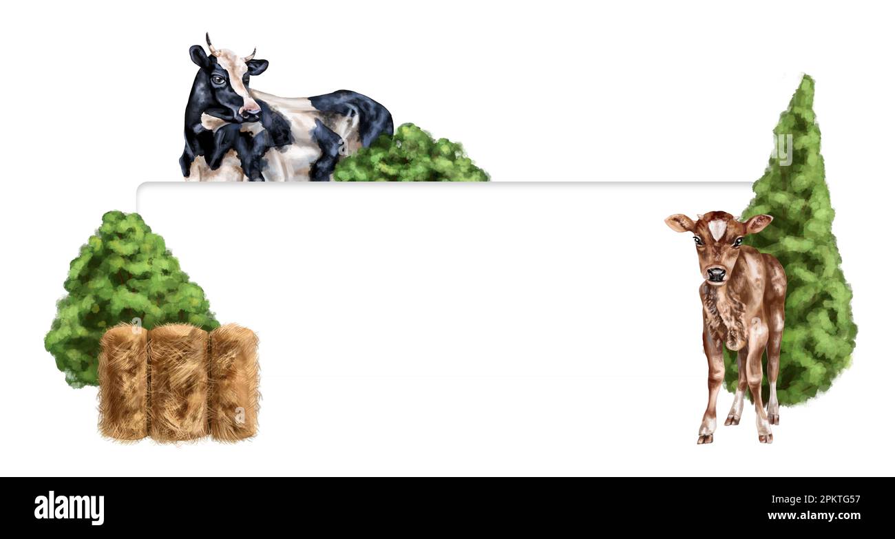 La cornice di una composizione agricola di una mucca, toro e vitello tra fienate e verde. Per cartoline, tessuti, opuscoli, striscioni, adesivi. Il. Digitale Foto Stock