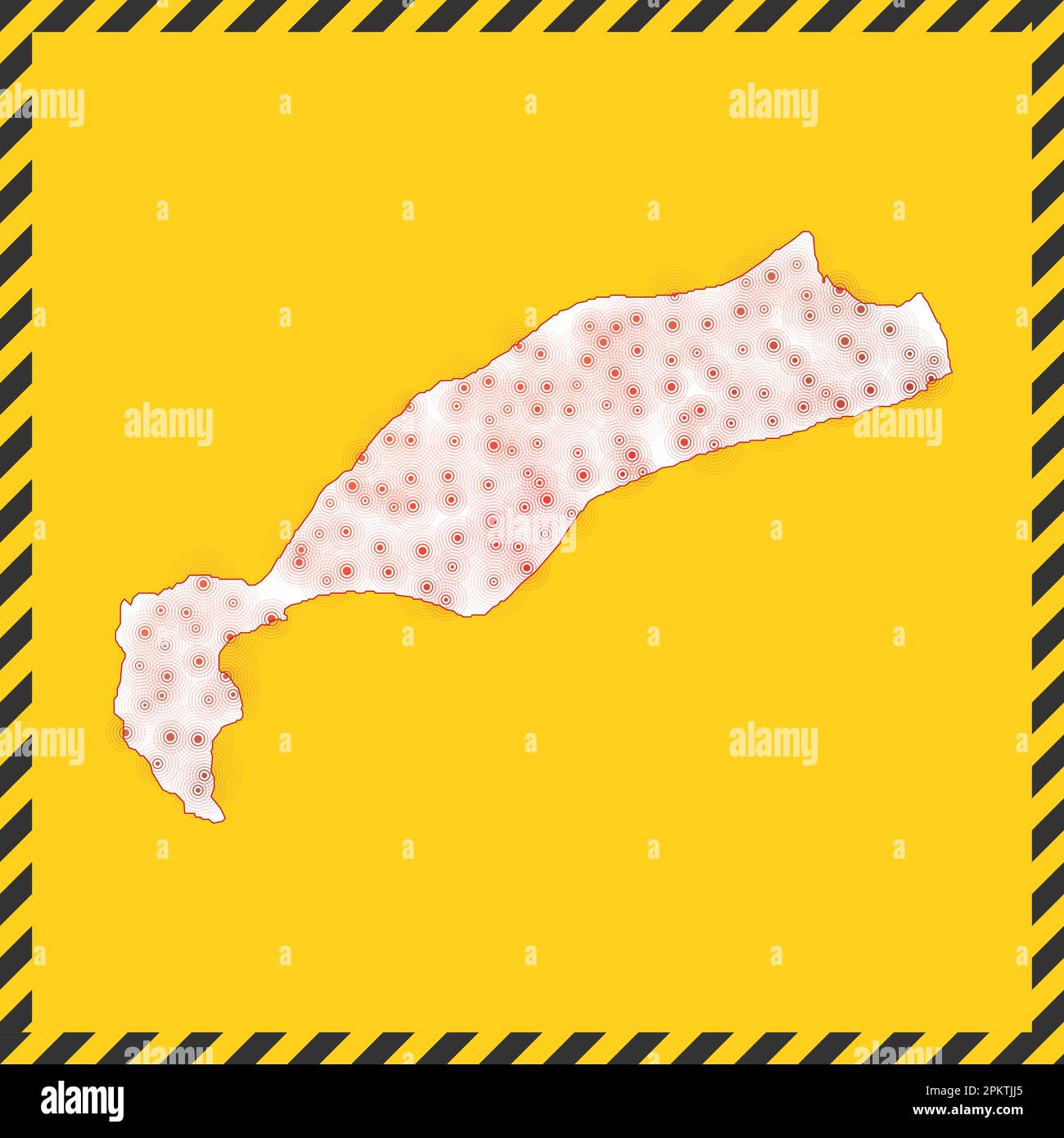 KOS chiuso - segnale di pericolo del virus. Icona isola di blocco. Bordo a strisce nere intorno alla mappa con il concetto di diffusione del virus. Illustrazione vettoriale. Illustrazione Vettoriale